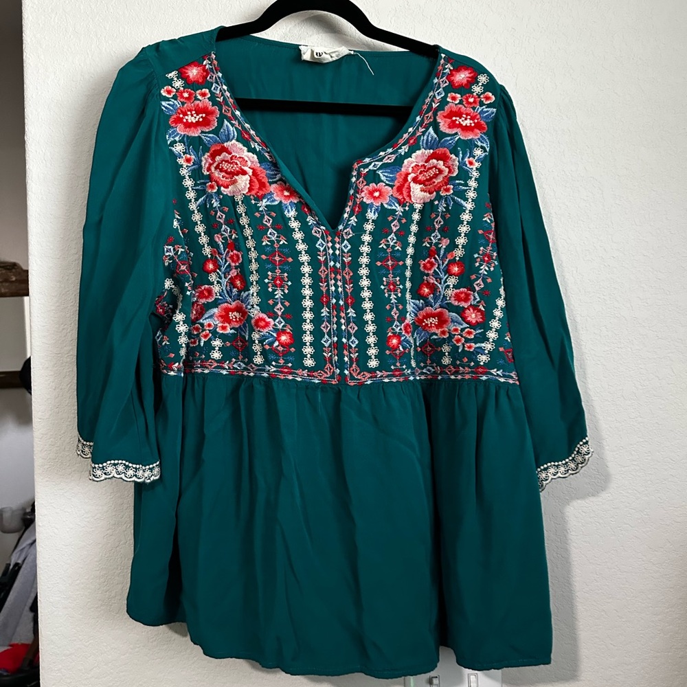 Embroidered Teal Blouse with Floral Design